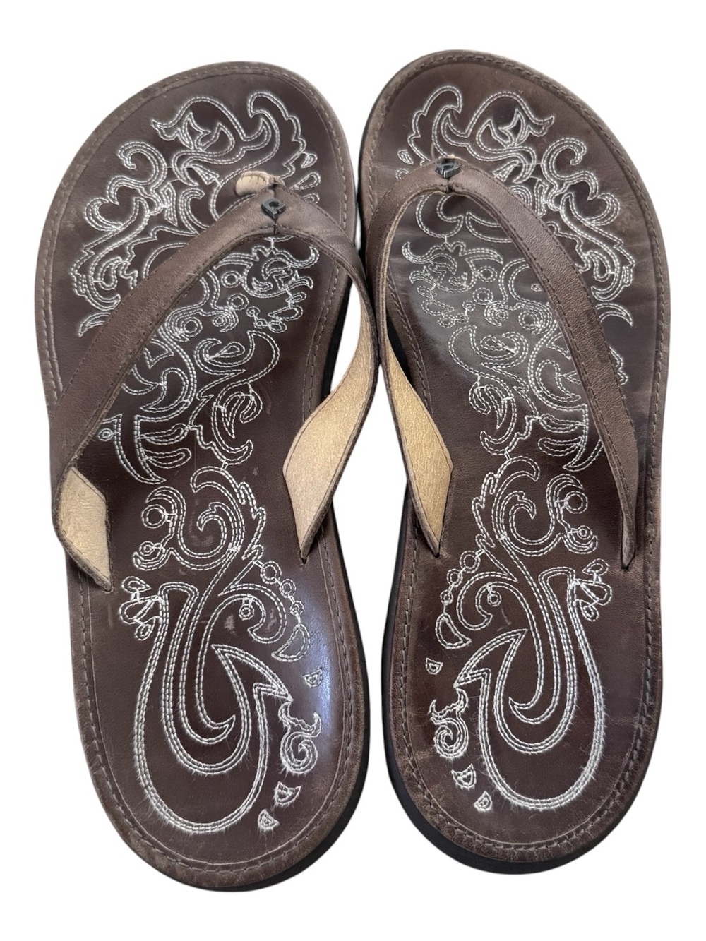 Olukai Paniolo Brown Leather Flip Flop Sandals Size 8